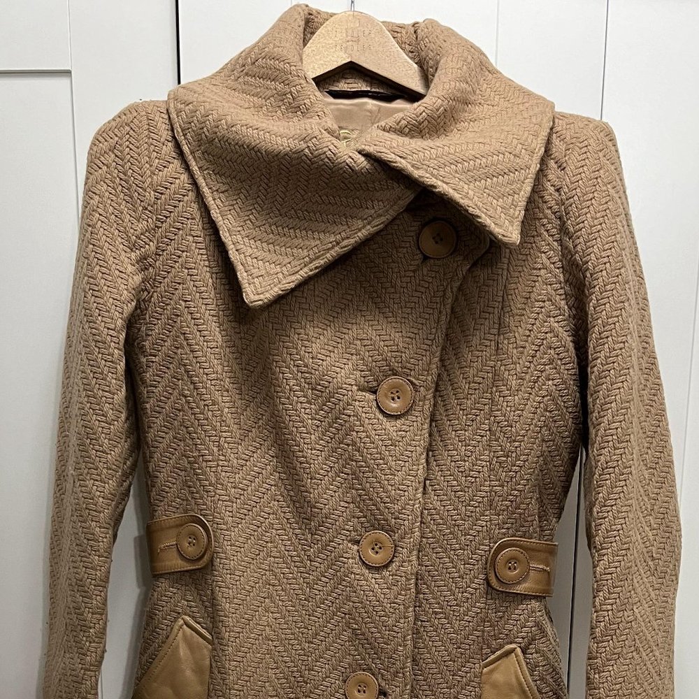 Mackage Virgin Wool Leather Trim Camel Coat Size Medium